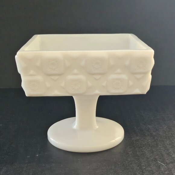 Westmoreland "Old Quilt" Square Milk Glass Pedestal Compote - Picture 1 of 9
